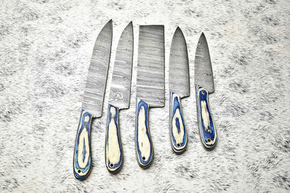 Custom Lot Of 5 Handmade Hammered Damascus Steel Chef Knives  Full Tang Blades With Polished Handle 2