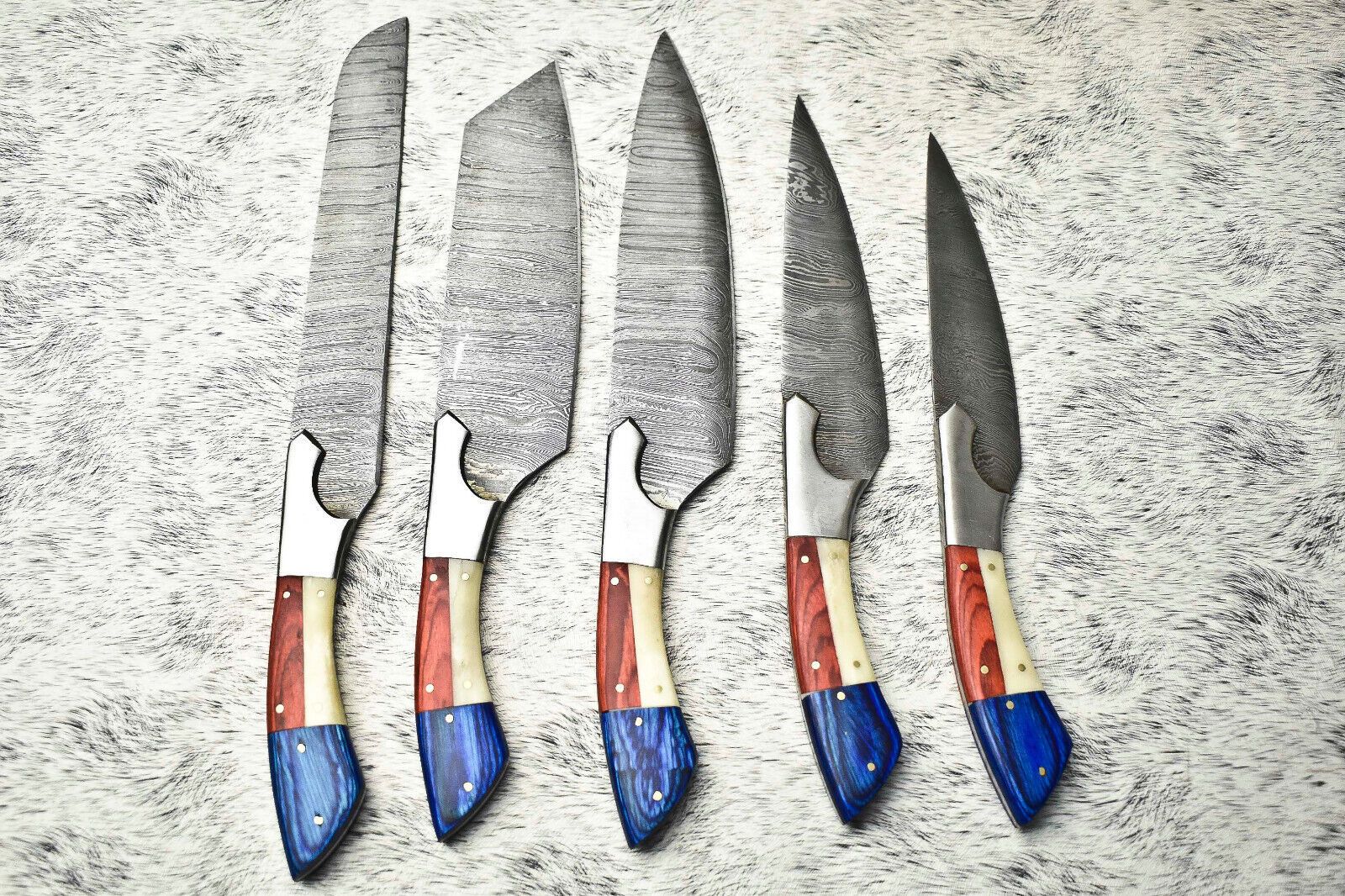 Rare Custom Lot of 5 Handmade Hammered Damascus Steel Chef Knives | Full Tang Blades with Polished Handles