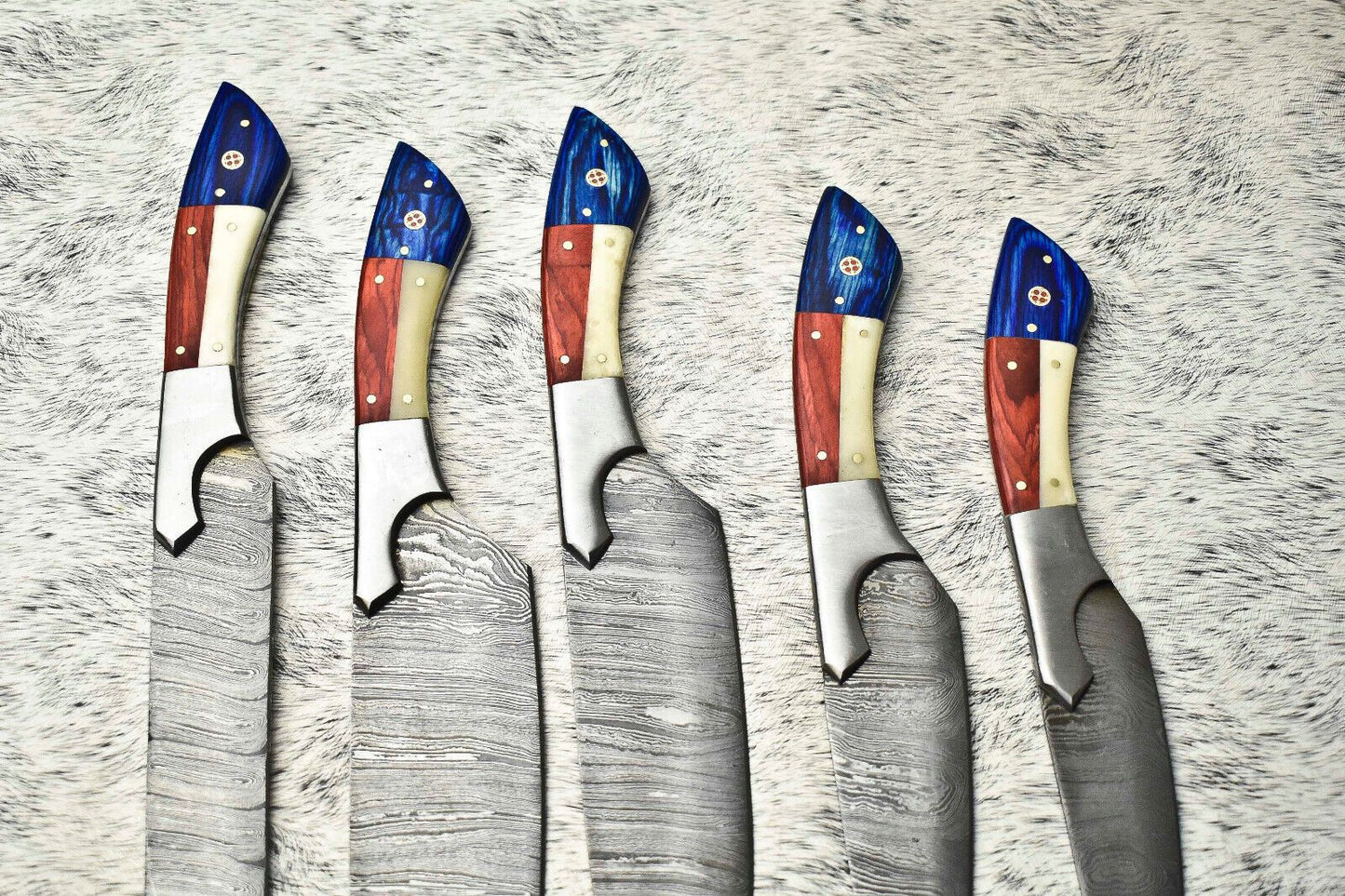 Rare Custom Lot Of 5 Handmade Hammered Damascus Steel Chef Knives  Full Tang Blades With Polished H