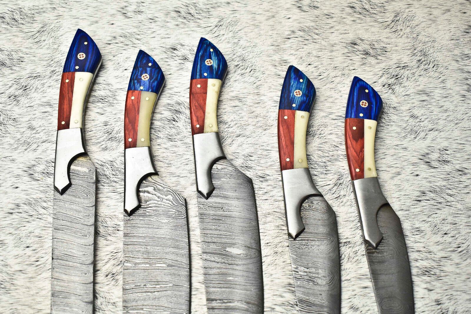 Rare Custom Lot Of 5 Handmade Hammered Damascus Steel Chef Knives  Full Tang Blades With Polished H