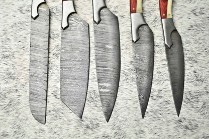 Rare Custom Lot Of 5 Handmade Hammered Damascus Steel Chef Knives  Full Tang Blades With Polished H