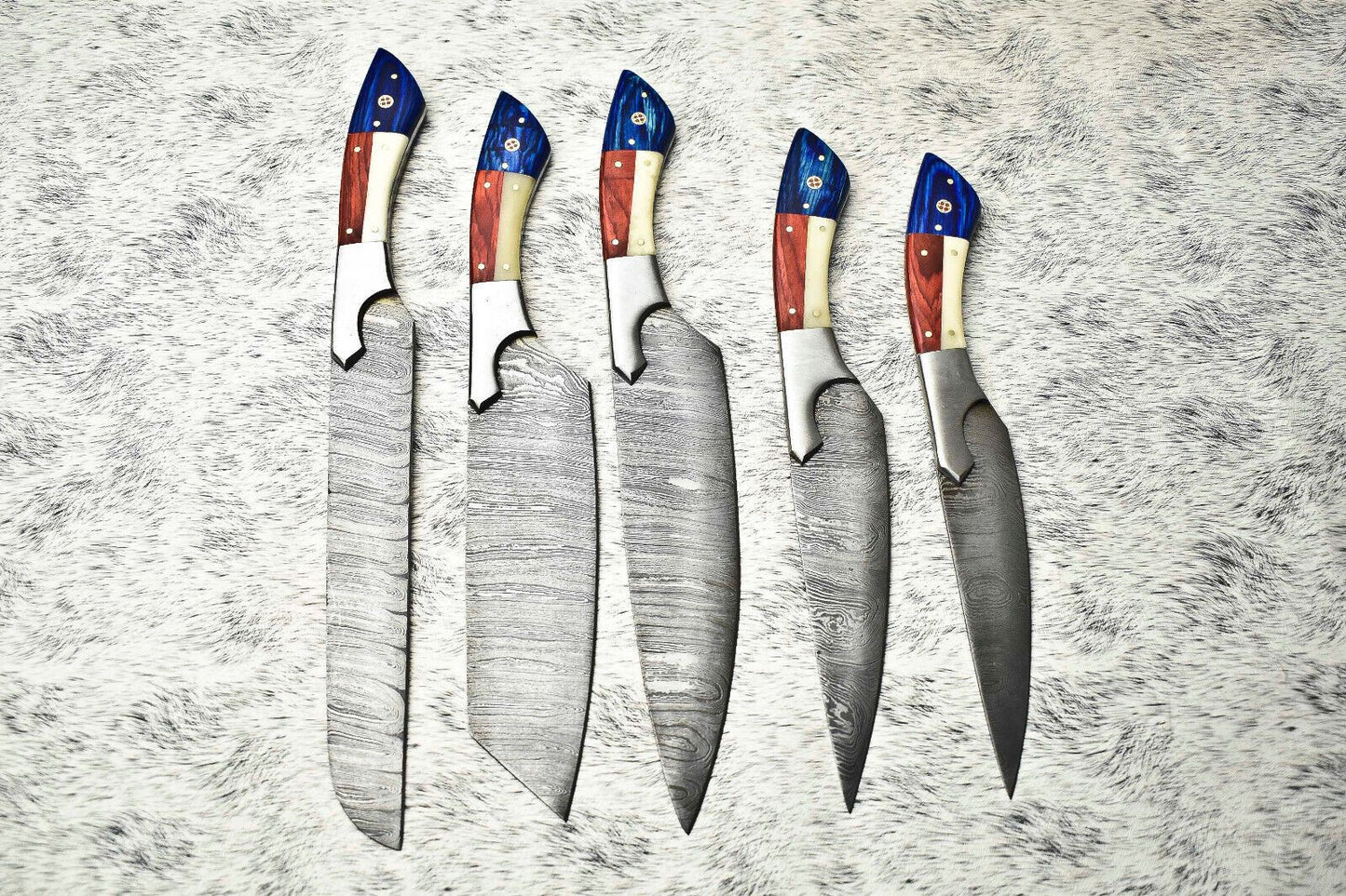 Rare Custom Lot Of 5 Handmade Hammered Damascus Steel Chef Knives  Full Tang Blades With Polished H