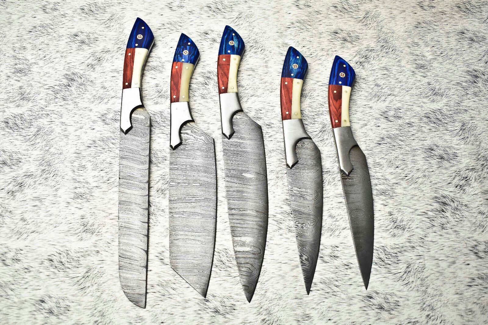 Rare Custom Lot Of 5 Handmade Hammered Damascus Steel Chef Knives  Full Tang Blades With Polished H