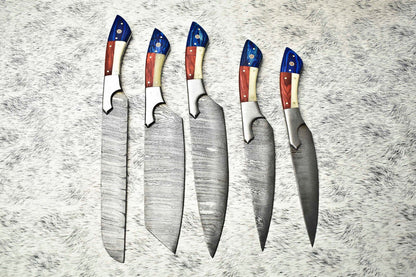 Rare Custom Lot Of 5 Handmade Hammered Damascus Steel Chef Knives  Full Tang Blades With Polished H