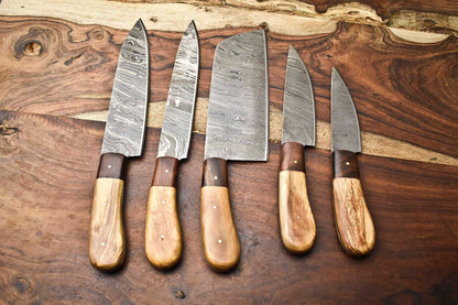 Stunning Custom Lot of 5 Handmade Hammered Damascus Steel Chef Knives | Full Tang Blades with Polished Handles
