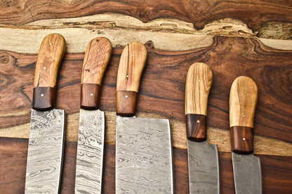 Stunning Custom Lot Of 5 Handmade Hammered Damascus Steel Chef Knives  Full Tang Blades With Polish