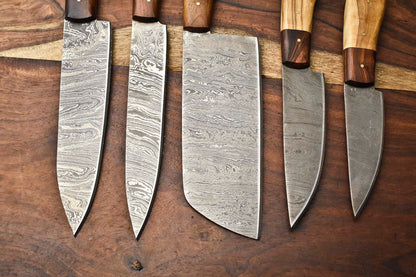 Stunning Custom Lot Of 5 Handmade Hammered Damascus Steel Chef Knives  Full Tang Blades With Polish