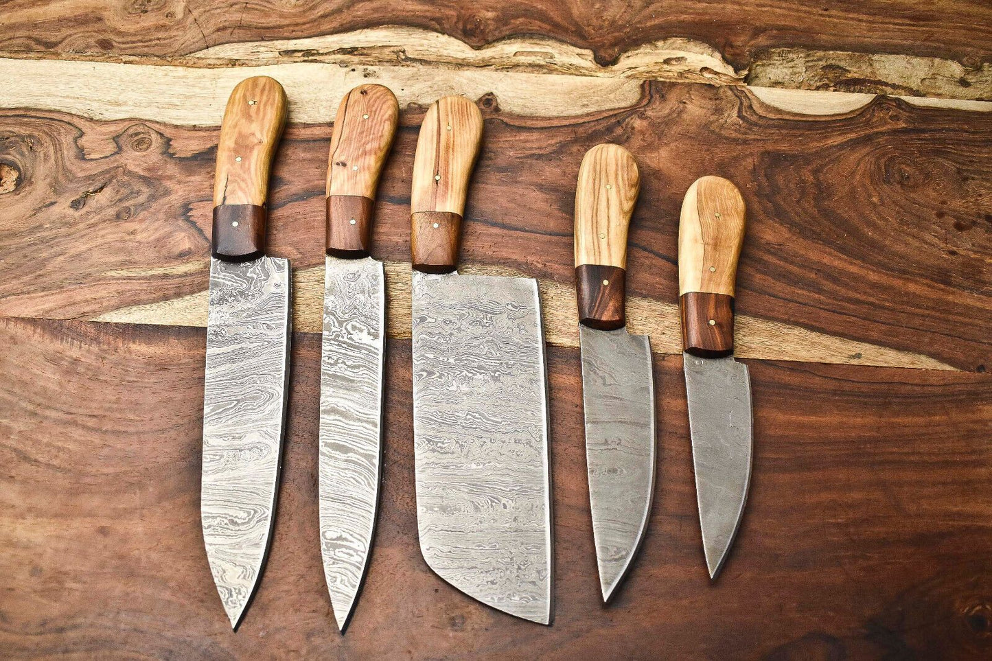 Stunning Custom Lot Of 5 Handmade Hammered Damascus Steel Chef Knives  Full Tang Blades With Polish