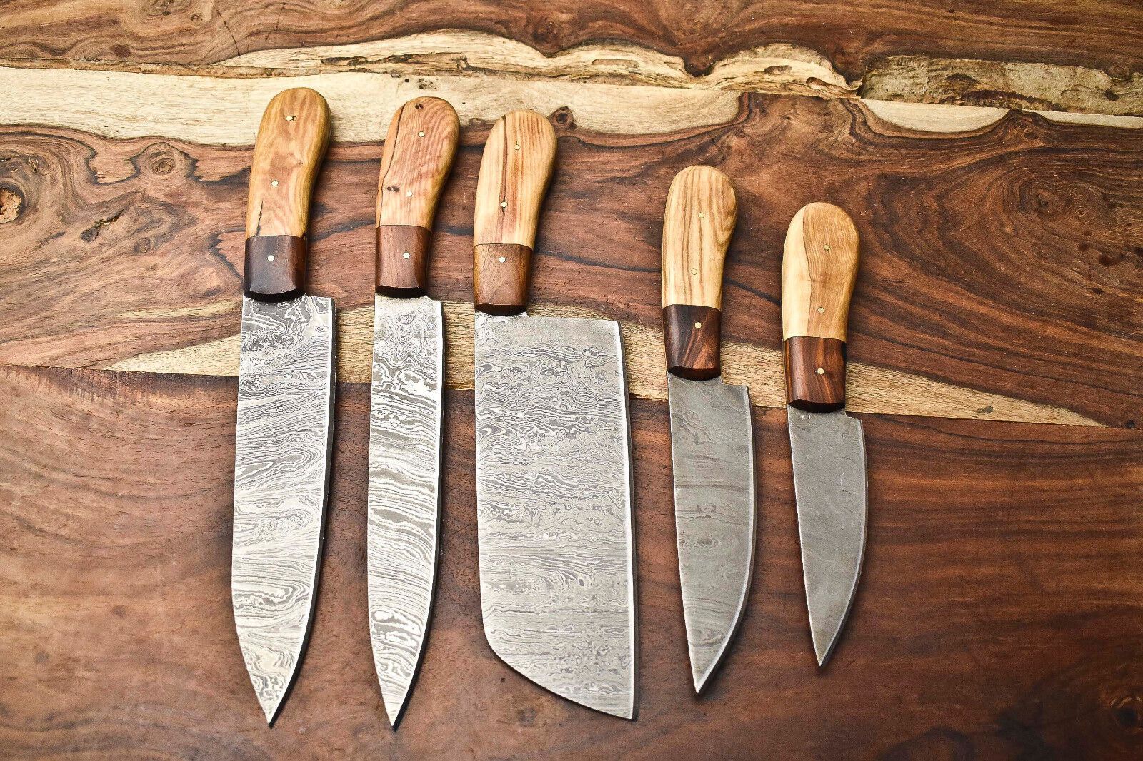 Stunning Custom Lot Of 5 Handmade Hammered Damascus Steel Chef Knives  Full Tang Blades With Polish