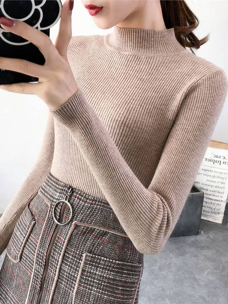 Women's Mock Neck Sweater,Vintage Basic Solid Knitted Pullover for Autumn Winter, Casual Slim Fit Korean Style Tops