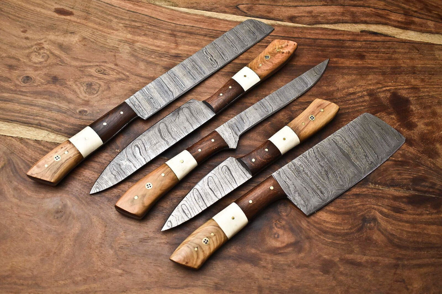 Lot of 5 Handmade Damascus Steel Blade Chef Knife Set | Full Tang Blades with Polished Handles