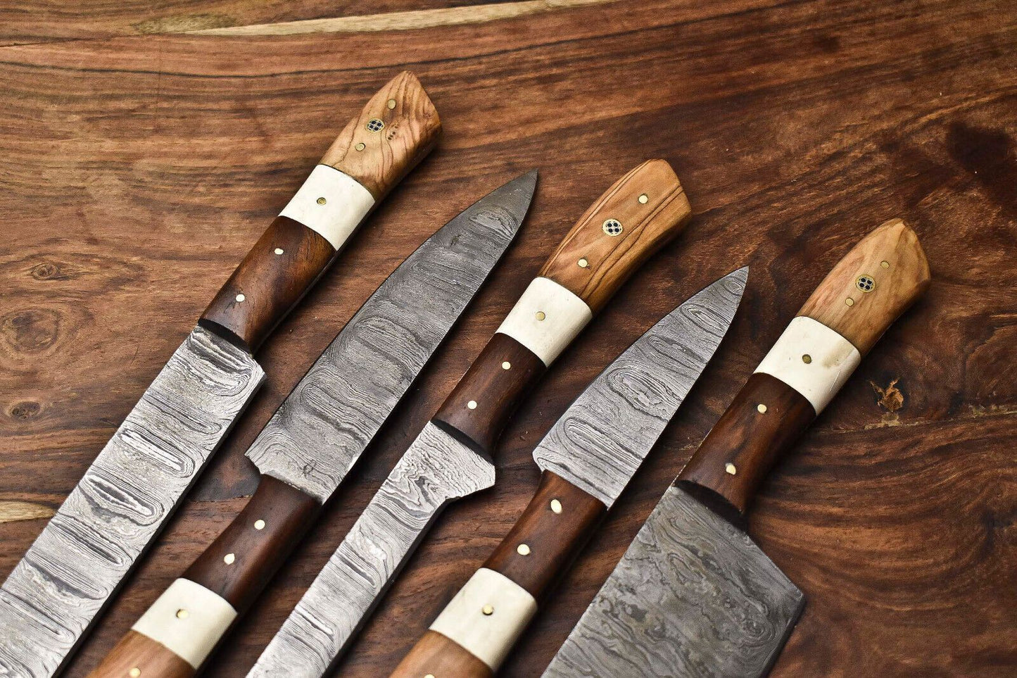 Lot Of 5 Handmade Damascus Steel Blade Chef Knife Set  Full Tang Blades With Polished Handles 1