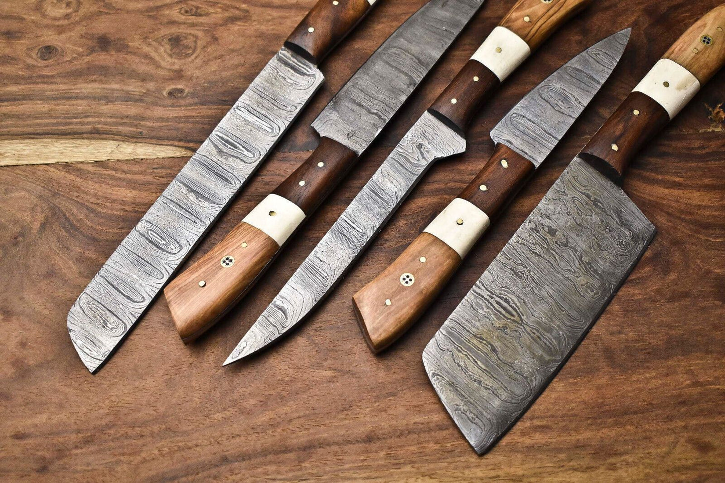 Lot Of 5 Handmade Damascus Steel Blade Chef Knife Set  Full Tang Blades With Polished Handles 2