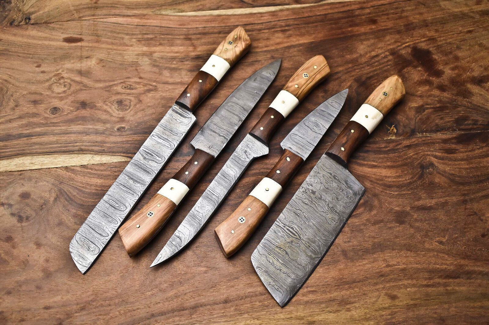 Lot Of 5 Handmade Damascus Steel Blade Chef Knife Set  Full Tang Blades With Polished Handles 3