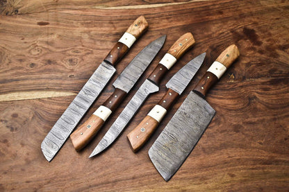 Lot Of 5 Handmade Damascus Steel Blade Chef Knife Set  Full Tang Blades With Polished Handles 3