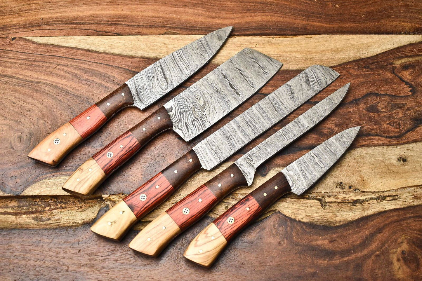 Lot of 5 Handmade Damascus Steel Blade Chef Knife Set | Full Tang Blades