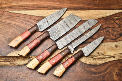 Lot of 5 Handmade Damascus Steel Blade Chef Knife Set | Full Tang Blades