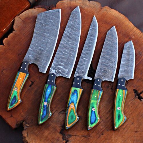 Handmade Damascus Steel Chef Knives Kitchen Set With Leather Bag  Full Tang Blades 2