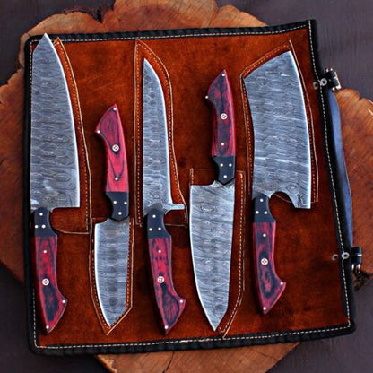 Handmade Damascus Steel Chef Knives Kitchen Set With Leather Bag  Full Tang 0
