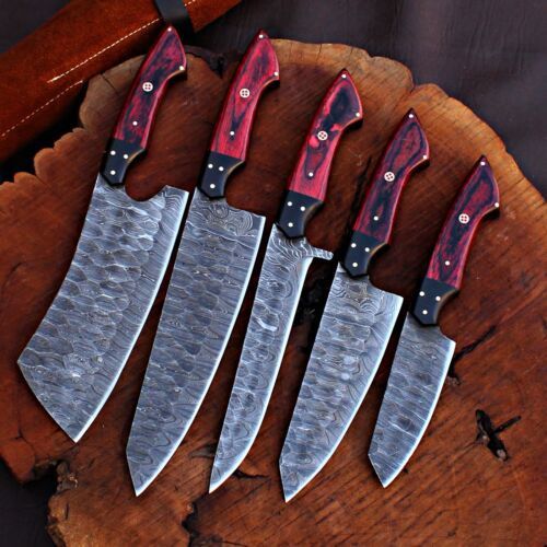 Handmade Damascus Steel Chef Knives Kitchen Set with Leather Bag | Full Tang