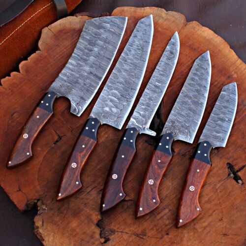 Premium Handmade Damascus Steel Chef Knife Set With Leather Bag  Full Tang Kitchen  Hunting Knives 2