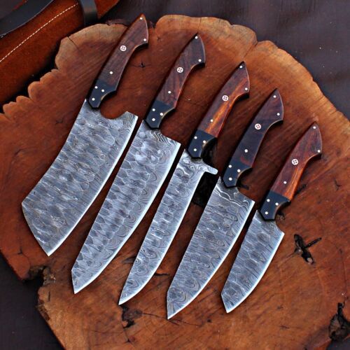 Premium Handmade Damascus Steel Chef Knife Set with Leather Bag | Full Tang Kitchen & Hunting Knives