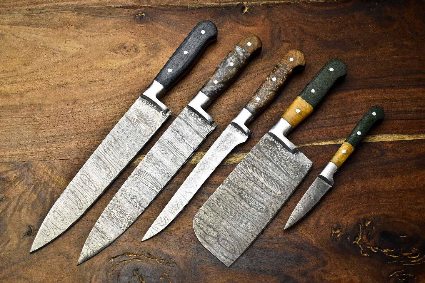 Custom Handmade Damascus Steel Chef Knife Set of 5 | Premium Kitchen Knives
