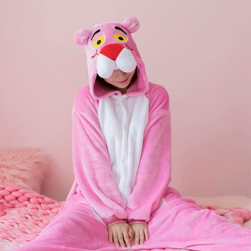 Pink Leopard Unicorn Pajamas Set Flannel Animal Pyjamas For Ladies Winter Nightie Sleepwear 2