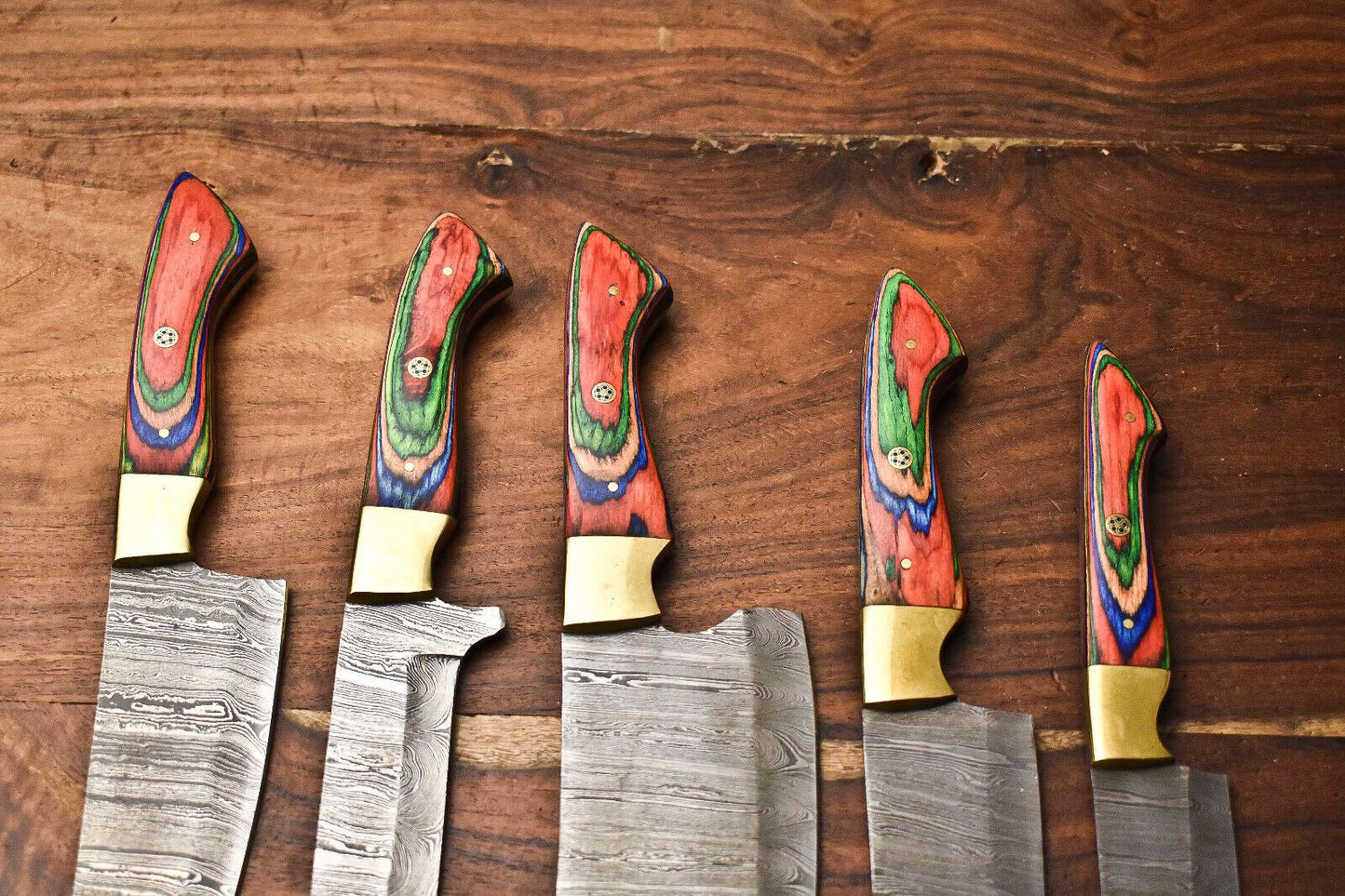 Custom Lot Of 5 Handmade Hammered Damascus Steel Chef Knives Set  1013 Blades Full Tang Razor Sharp 1