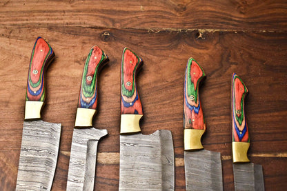 Custom Lot Of 5 Handmade Hammered Damascus Steel Chef Knives Set  1013 Blades Full Tang Razor Sharp 1