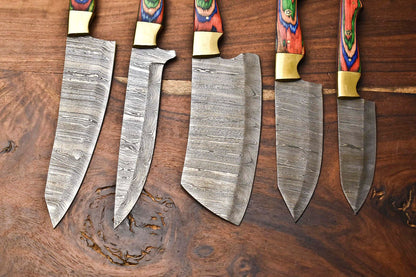 Custom Lot Of 5 Handmade Hammered Damascus Steel Chef Knives Set  1013 Blades Full Tang Razor Sharp 2