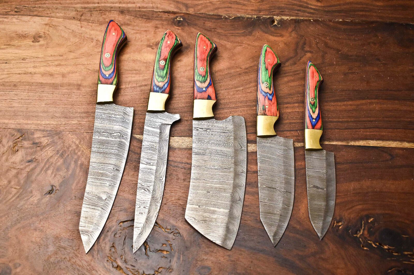 Custom Lot of 5 Handmade Hammered Damascus Steel Chef Knives Set | 10"-13" Blades, Full Tang, Razor Sharp