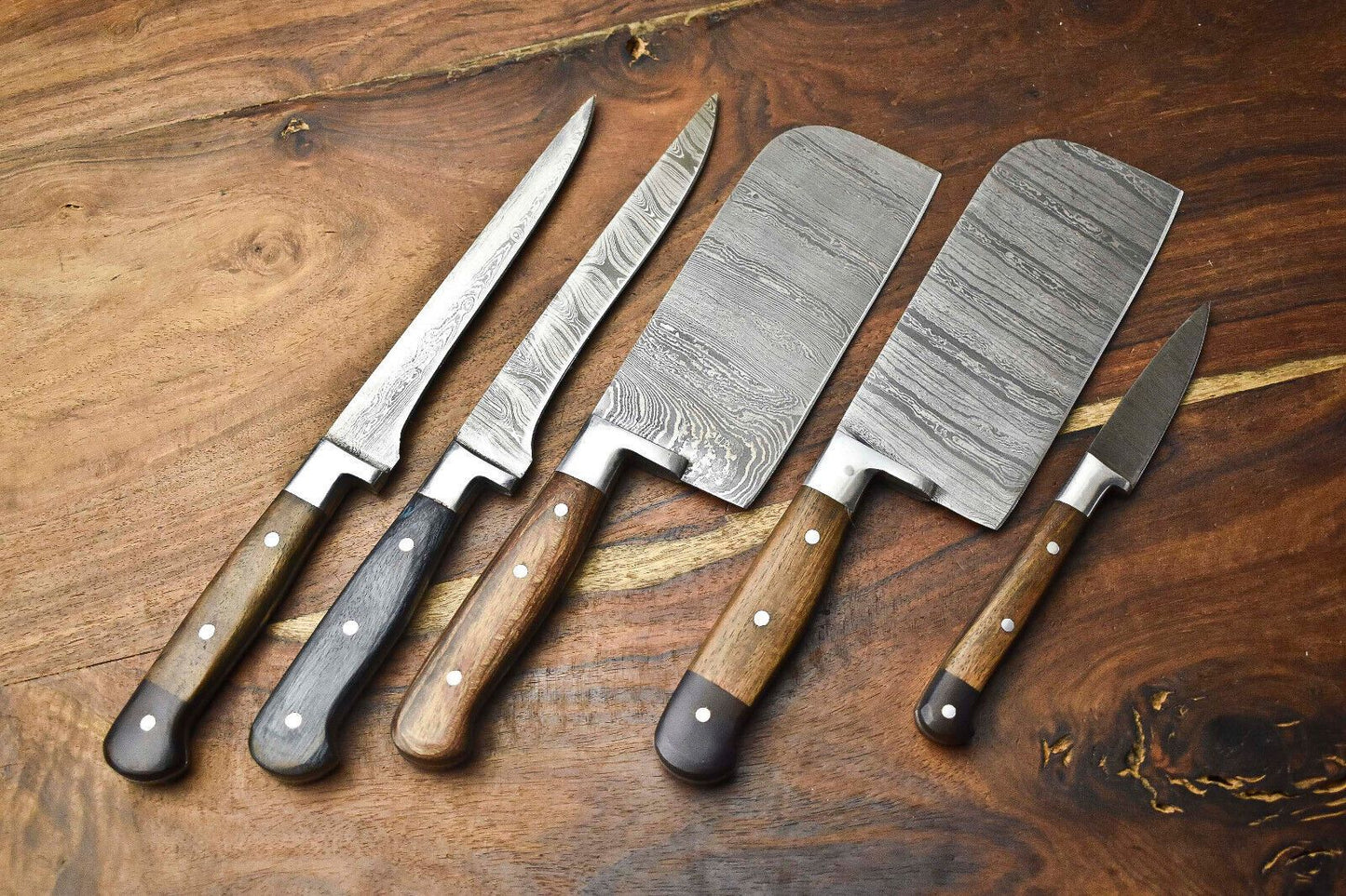 Custom Lot of 5 Handmade Hammered Damascus Steel Chef Knives Set | 10"-13" Blades