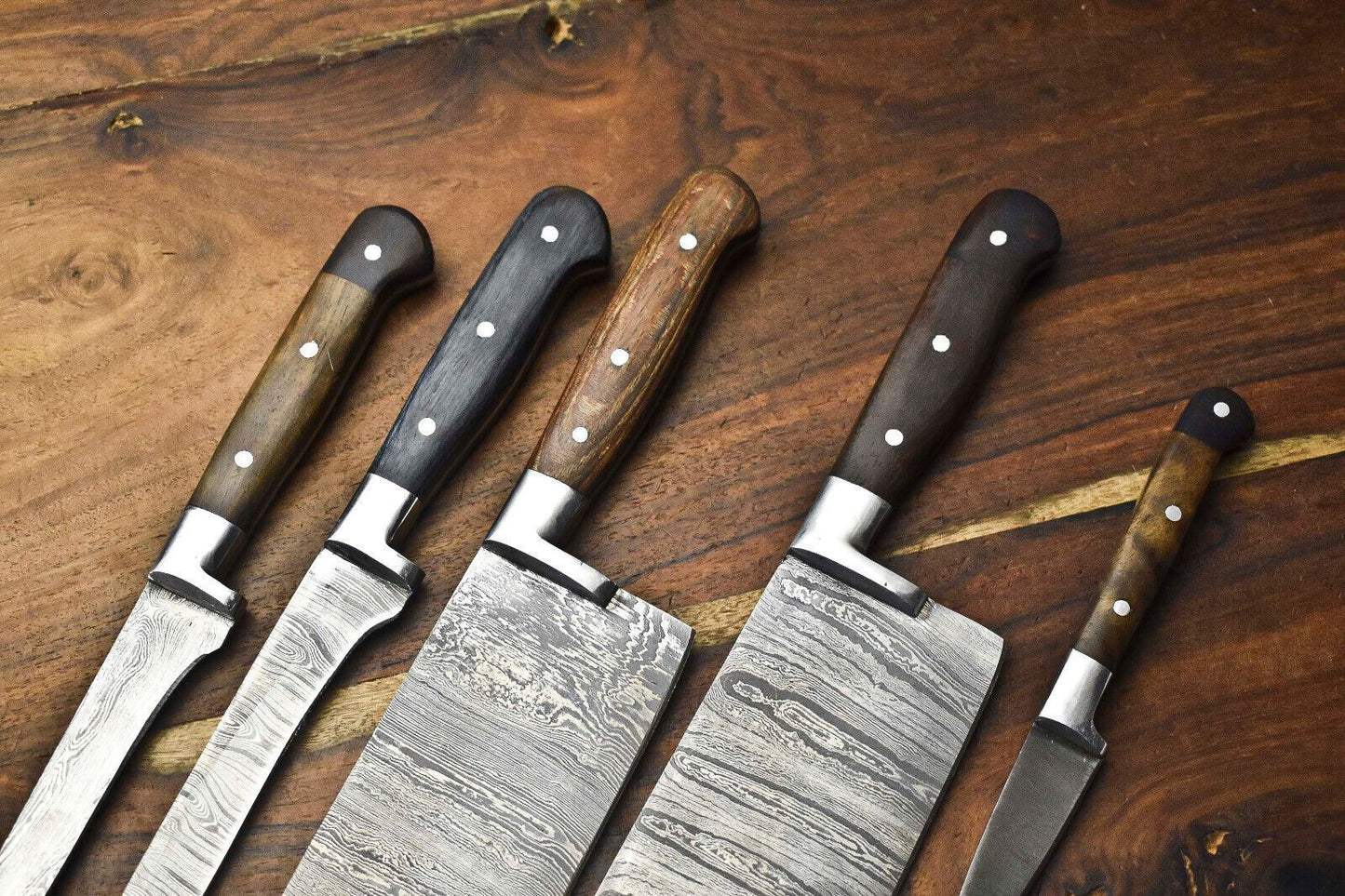 Custom Lot Of 5 Handmade Hammered Damascus Steel Chef Knives Set  1013 Blades 1