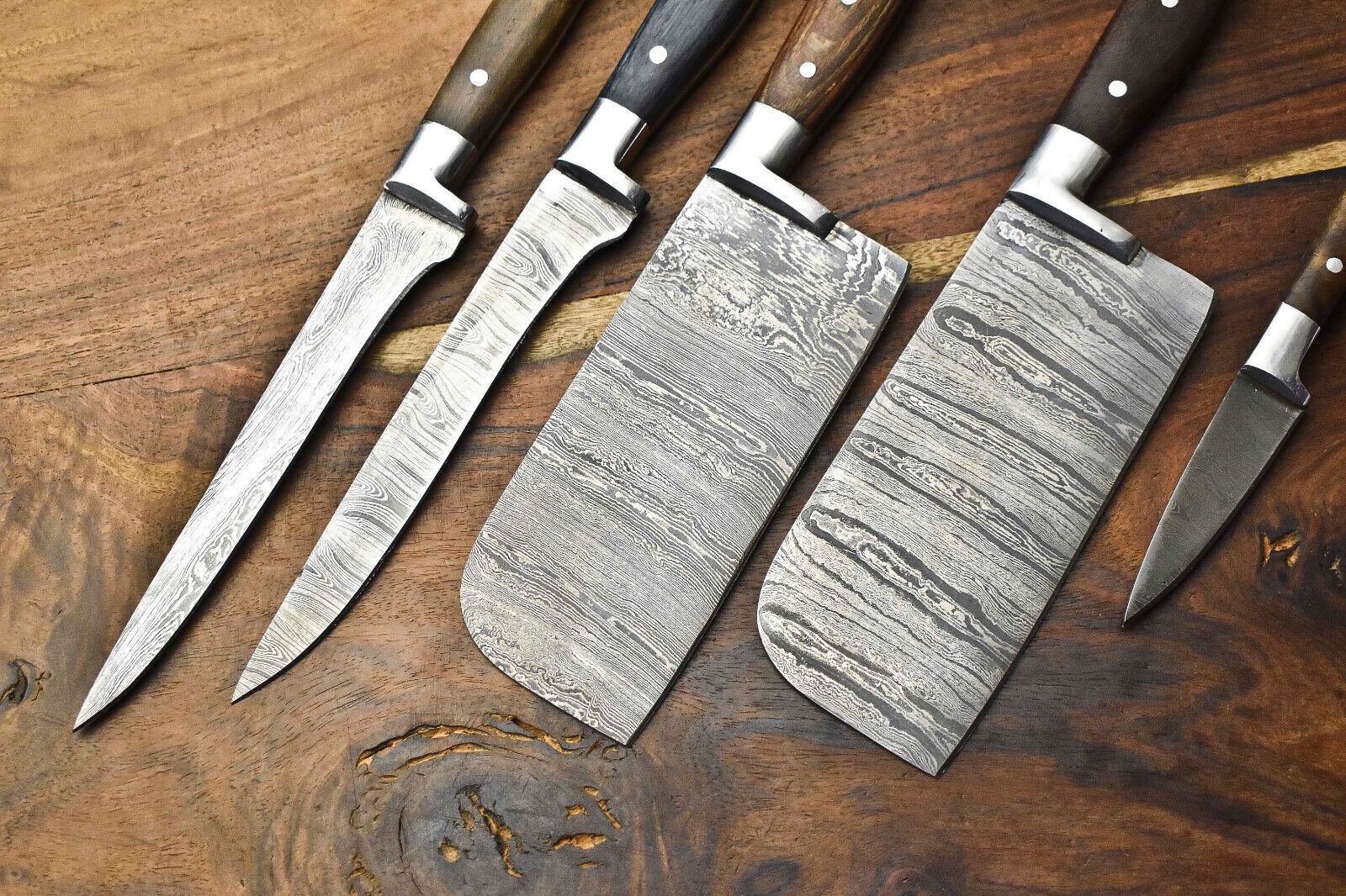 Custom Lot Of 5 Handmade Hammered Damascus Steel Chef Knives Set  1013 Blades 2