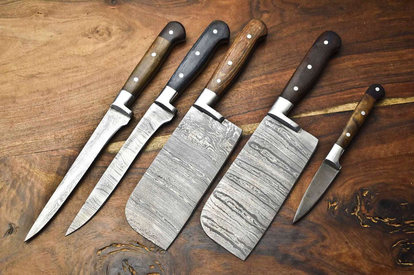Custom Lot Of 5 Handmade Hammered Damascus Steel Chef Knives Set  1013 Blades 3
