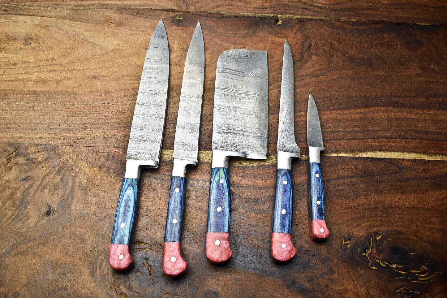 Lot of 5 Handmade Damascus Steel Chef Knives Set | 10"-13" Blades, Hammered Full Tang