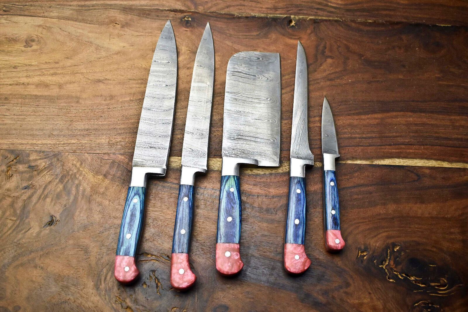 Lot of 5 Handmade Damascus Steel Chef Knives Set | 10"-13" Blades, Hammered Full Tang
