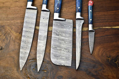 Lot Of 5 Handmade Damascus Steel Chef Knives Set  1013 Blades Hammered Full Tang 2