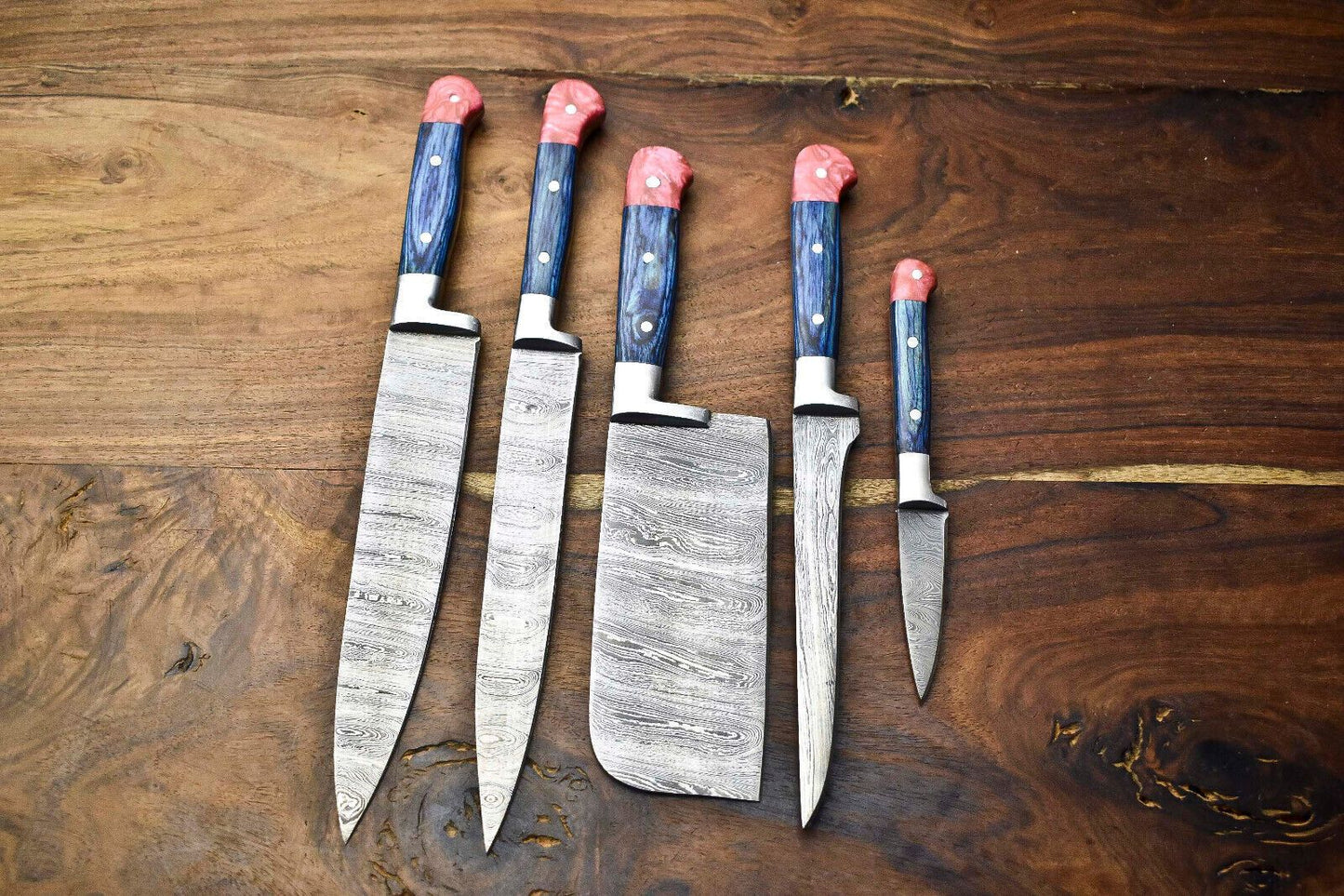 Lot Of 5 Handmade Damascus Steel Chef Knives Set  1013 Blades Hammered Full Tang 3