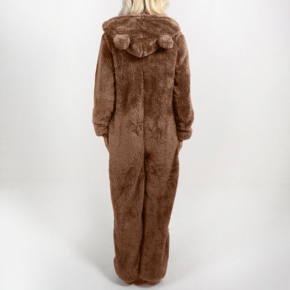 Cozy Womens Plush Romper Pajamas, Winter Flannel Sleepwear with Hat, Long Sleeve Zipper Homewear for Ultimate Warmth