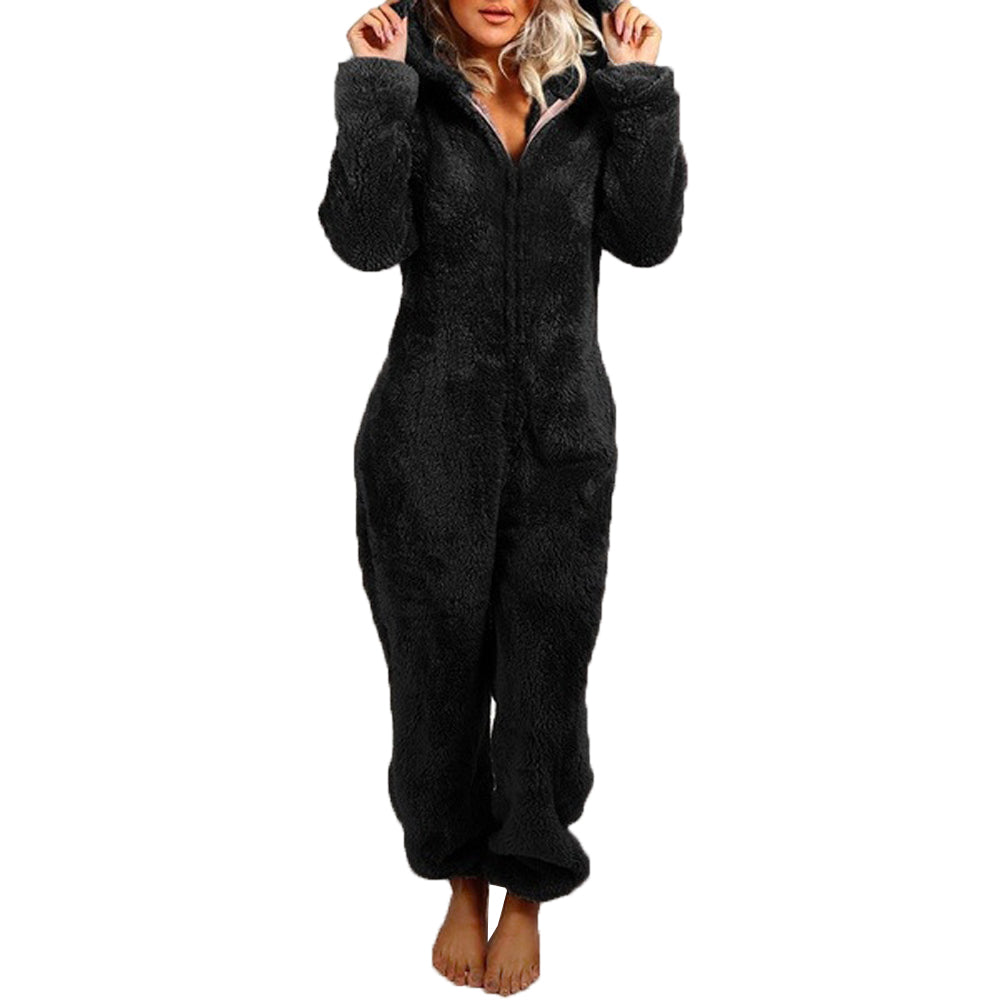 Cozy Womens Plush Romper Pajamas, Winter Flannel Sleepwear with Hat, Long Sleeve Zipper Homewear for Ultimate Warmth