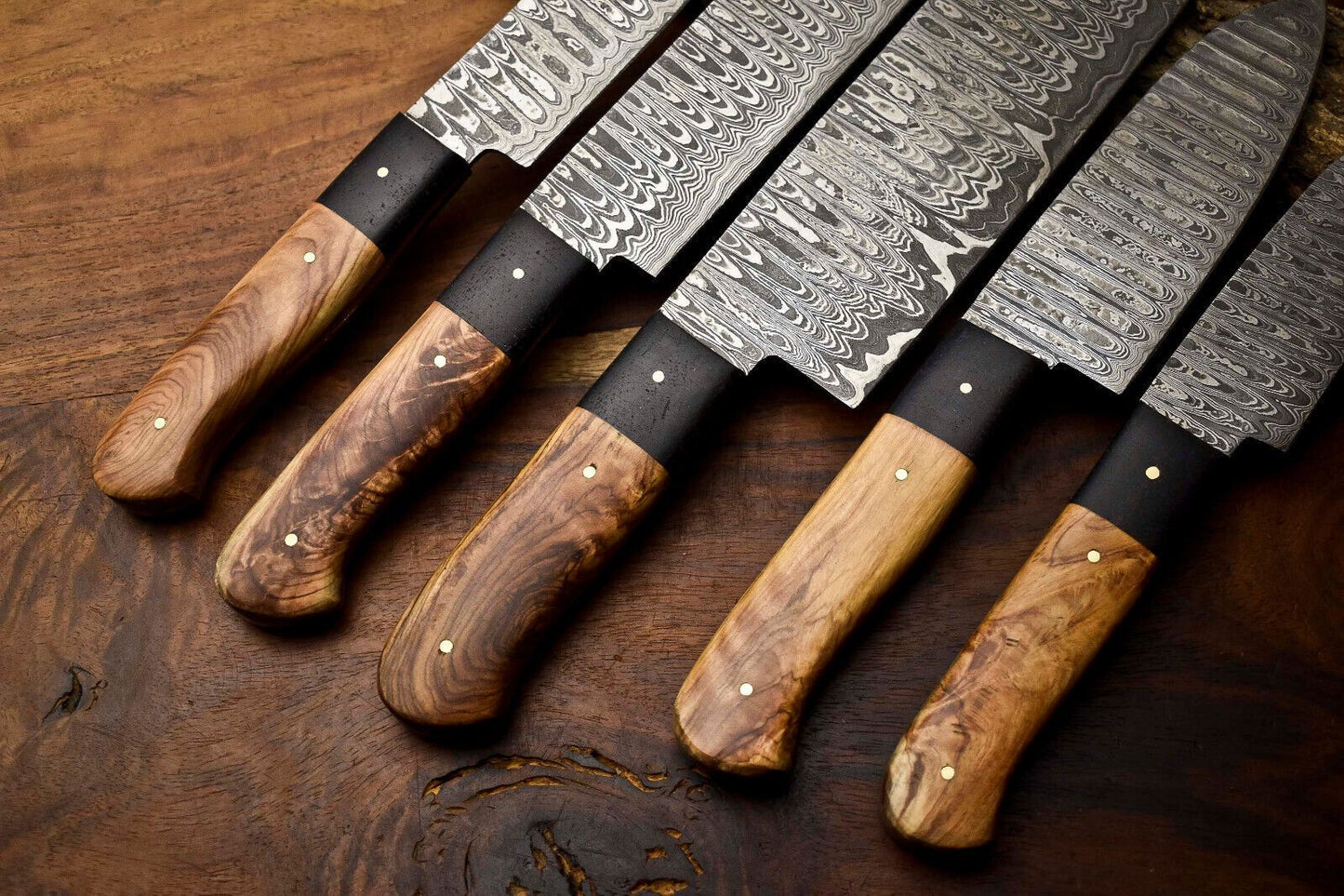 Custom Lot Of 5 Handmade Hammered Damascus Steel Chef Knives Set  1013 Full Tang Blades 1