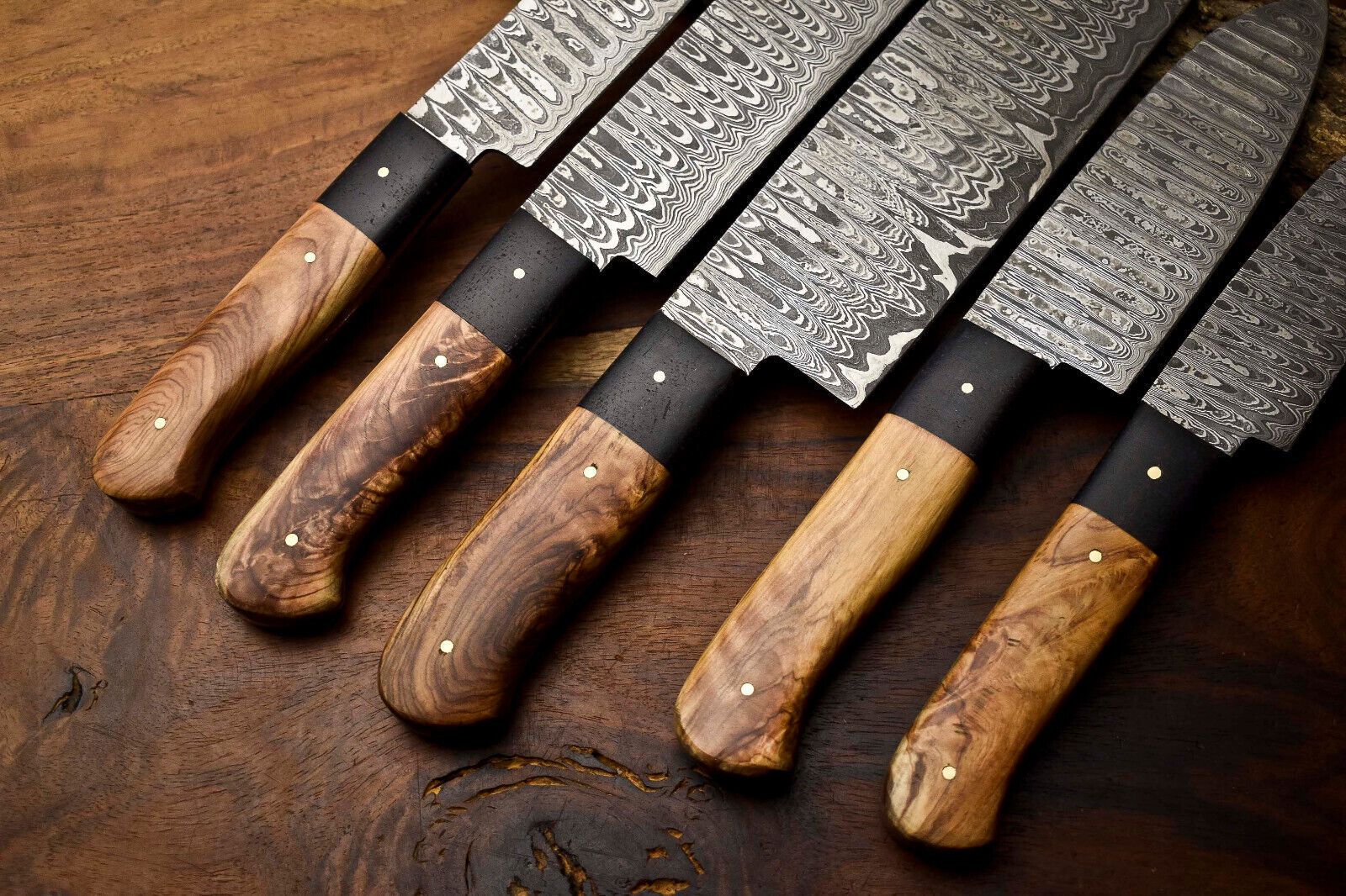 Custom Lot Of 5 Handmade Hammered Damascus Steel Chef Knives Set  1013 Full Tang Blades 1