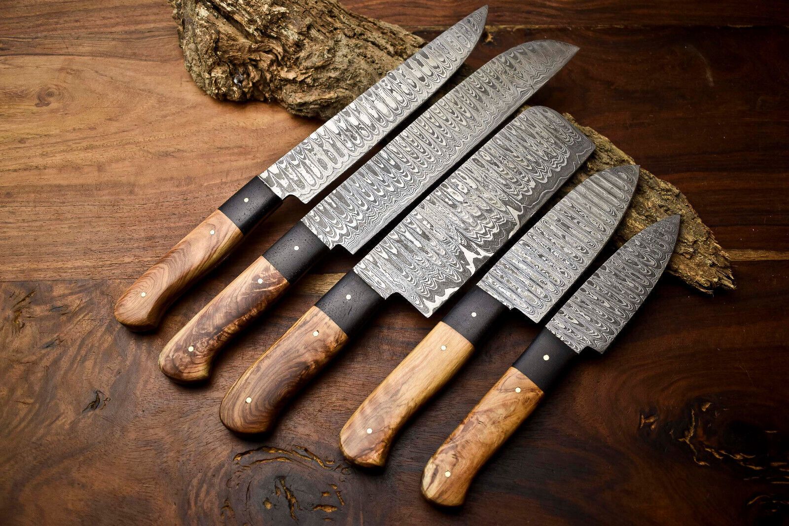 Custom Lot Of 5 Handmade Hammered Damascus Steel Chef Knives Set  1013 Full Tang Blades 2