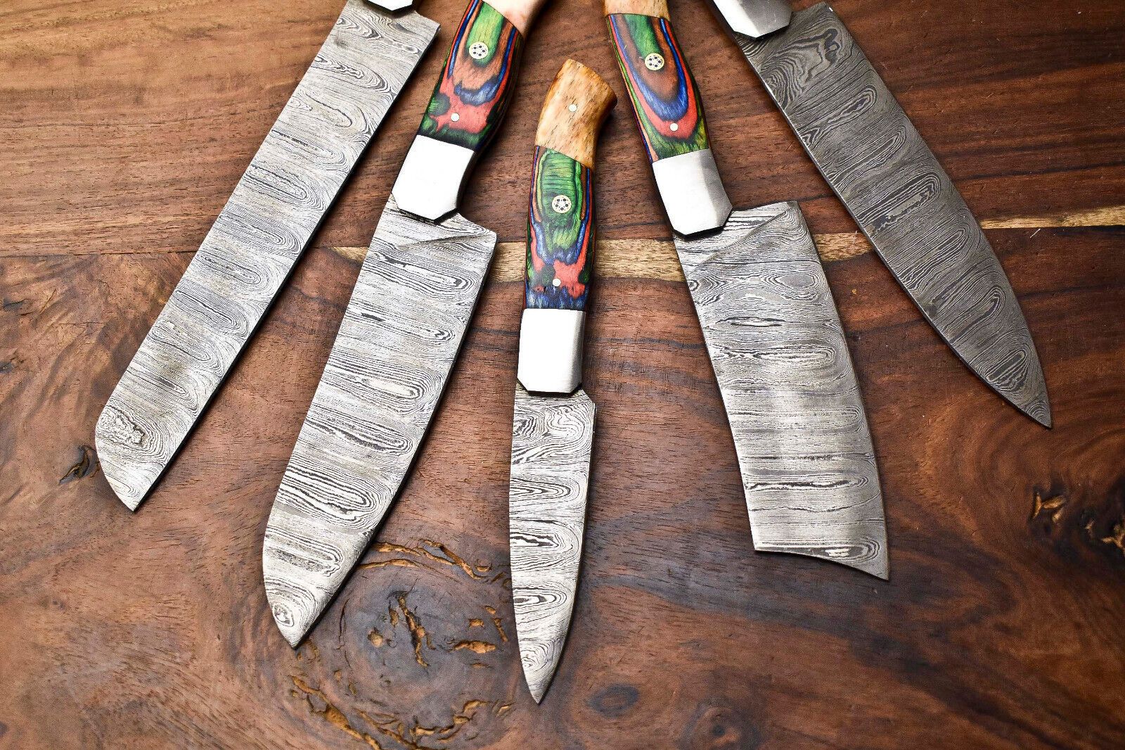 Custom Lot Of 5 Handmade Hammered Damascus Steel Chef Knives Set  1013 Full Tang 1