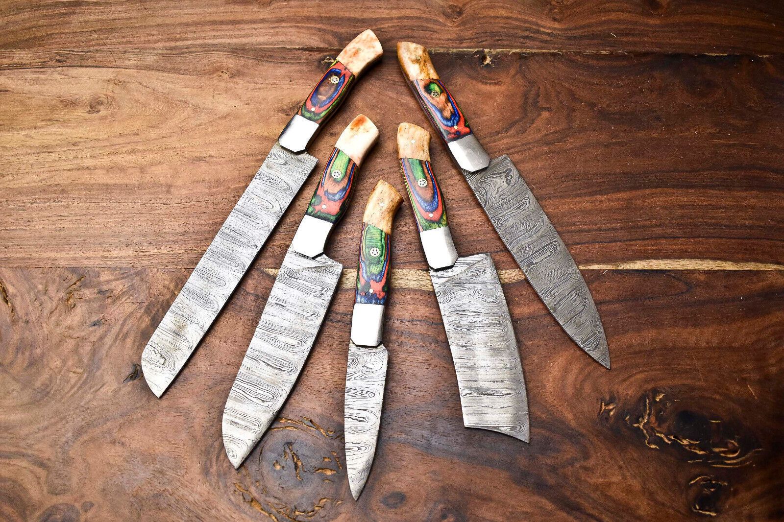 Custom Lot Of 5 Handmade Hammered Damascus Steel Chef Knives Set  1013 Full Tang 2