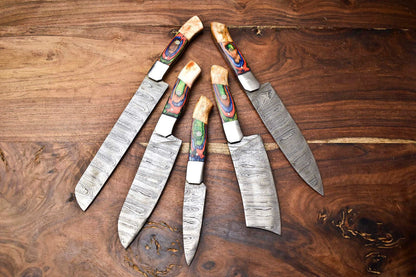 Custom Lot Of 5 Handmade Hammered Damascus Steel Chef Knives Set  1013 Full Tang 2