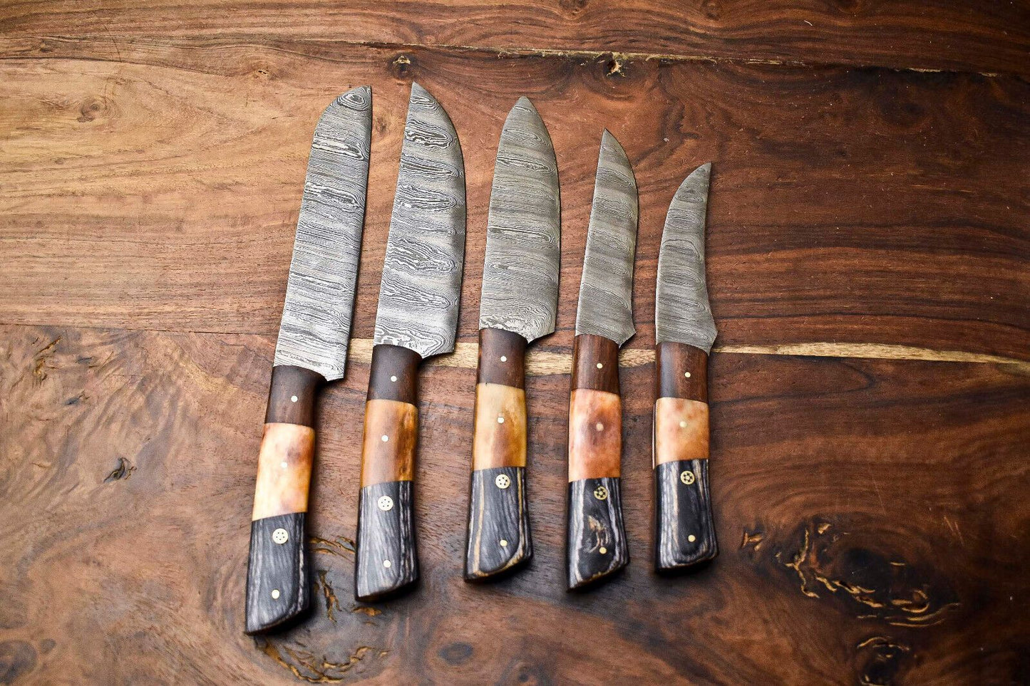 Lot of 5 Handmade Damascus Steel Chef Knives Set | Hammered Full Tang Blades 10"-13", Razor Sharp