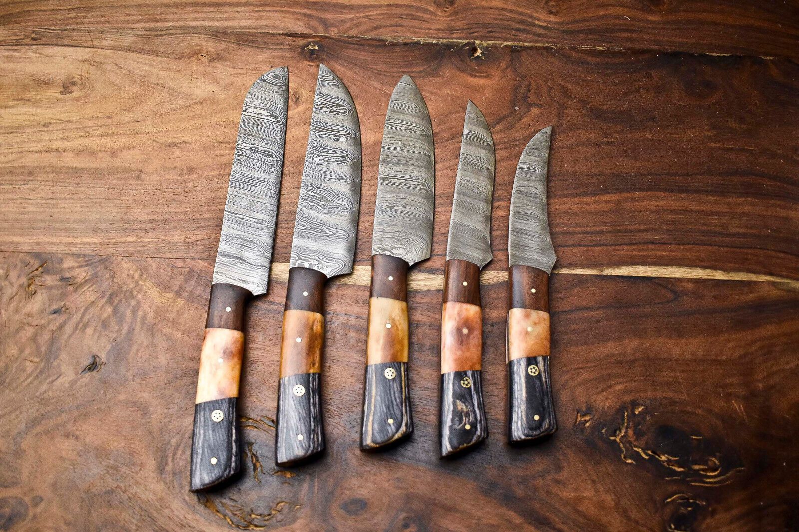 Lot of 5 Handmade Damascus Steel Chef Knives Set | Hammered Full Tang Blades 10"-13", Razor Sharp